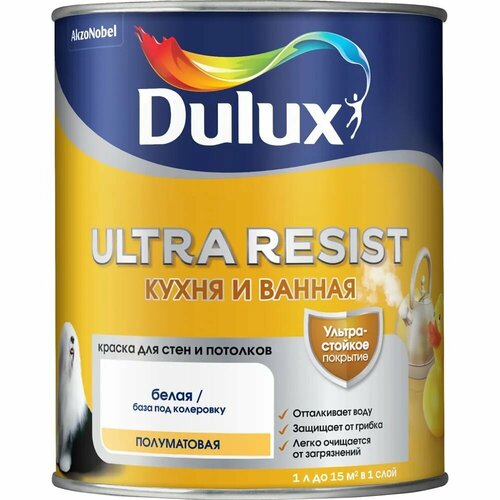 Краска Dulux Ultra Resist Кухня и Ванная полуматовая 1 л База BW (белая) краска dulux ultra resist для детской матовая база bw 5 л