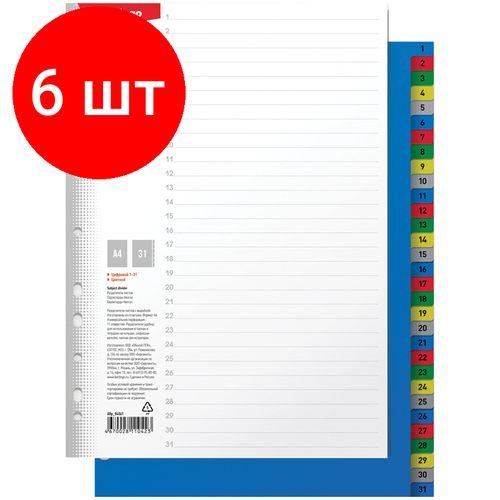 Комплект 6 шт, Разделитель листов Berlingo А4, 31 лист, цифровой 1-31, цветной, пластиковый