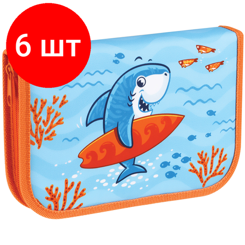 Комплект 6 шт, Пенал 1 отделение, 200*130 Мульти-Пульти Surf Shark, доп. секция, ткань