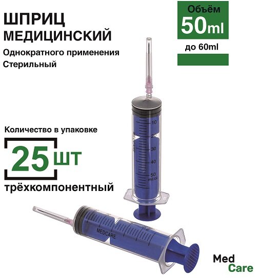 Шприц 50мл. 25 шт/уп. (игла 1,2 х 40 мм) крепление луер-слип (luer-slip) медицинский/для масла/для промывания/для смазки/кулинарный/большой/для авто/