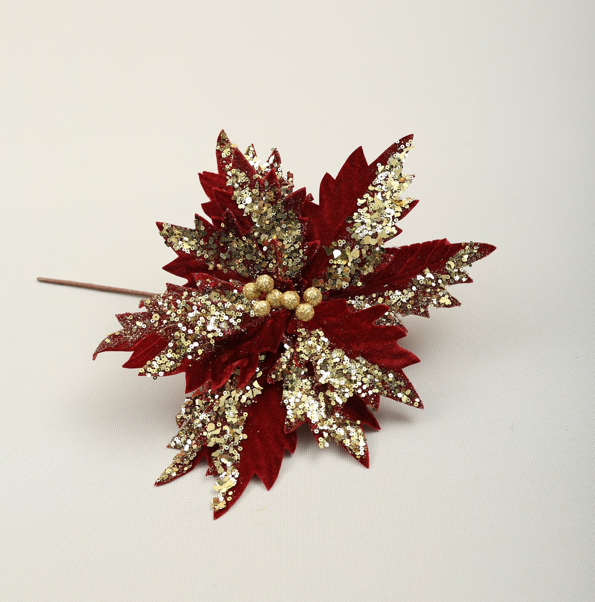 Цветок искусственный декоративный новогодний, d 28 см, цвет бордовый, блестки