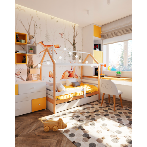 Одноярусная кровать-домик 160*80 с ящиками, двойной передний борт, цвет белый+дерево