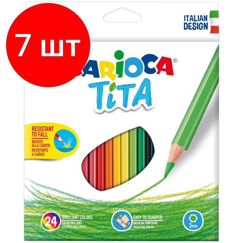 Комплект 7 шт, Карандаши цветные пластиковые Carioca "Tita", 24цв., заточен., картон, европодвес