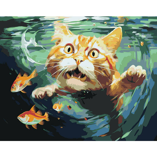 Картина по номерам Рыжий кот с рыбами под водой