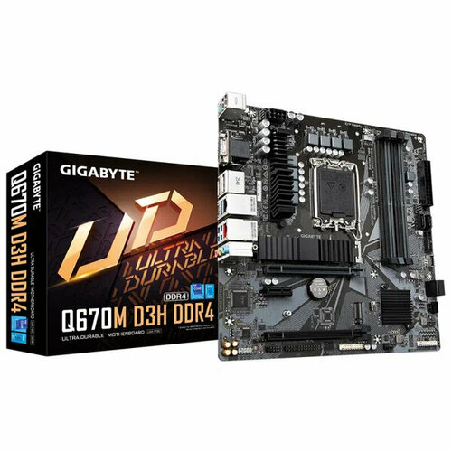 Материнская плата Gigabyte Q670M D3H DDR4 Socket 1700 IntelQ670 4xDDR4-3200 D-SUBHDMIDP 2xPCI-Ex16 1xPCI-Ex1 4xSATA3RAID 015 2xM2 8C 2038700₽