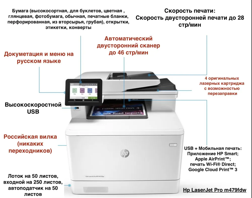 МФУ лазерное HP Color LaserJet Pro MFP M479fdw цветн A4