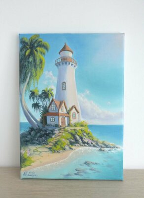 Картина маслом ручной работы "Дом-маяк на тропическом берегу", холст 25х35 см, для интерьера