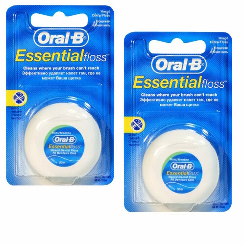 Oral-B Essential - вощеная нить для зубов, мятный вкус, 2 штуки, длина нити 50 метров уход за полостью рта dentaid межзубная нить vitis waxed dental floss with fluoride and mint 50 м в твердой упаковке