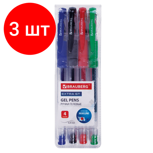 Комплект 3 шт, Ручки гелевые с грипом BRAUBERG EXTRA GT, набор 4 цвета, стандартный узел 0.5 мм, линия письма 0.35 мм, 143923