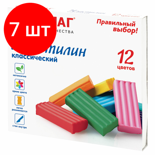 Комплект 7 шт, Пластилин классический офисмаг, 12 цветов, 240 г, со стеком, 106677