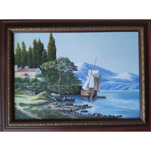 Пейзаж Дворик с видом на парусник картина маслом холст на картоне 4560 см ручная работа Соснина Татьяна 10000₽