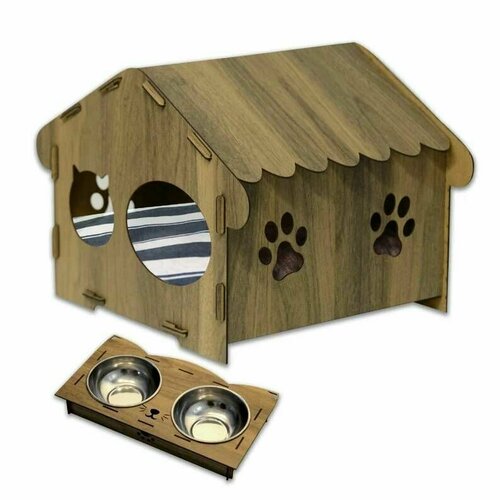 Домик для питомца с подставкой под миски / Деревянный домик для кошки, собаки