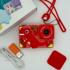 Детский фотоаппарат Динозавр 48 MPX ударопрочный 1080p HD с головоломкой и селфи, со встроенной памятью, красный