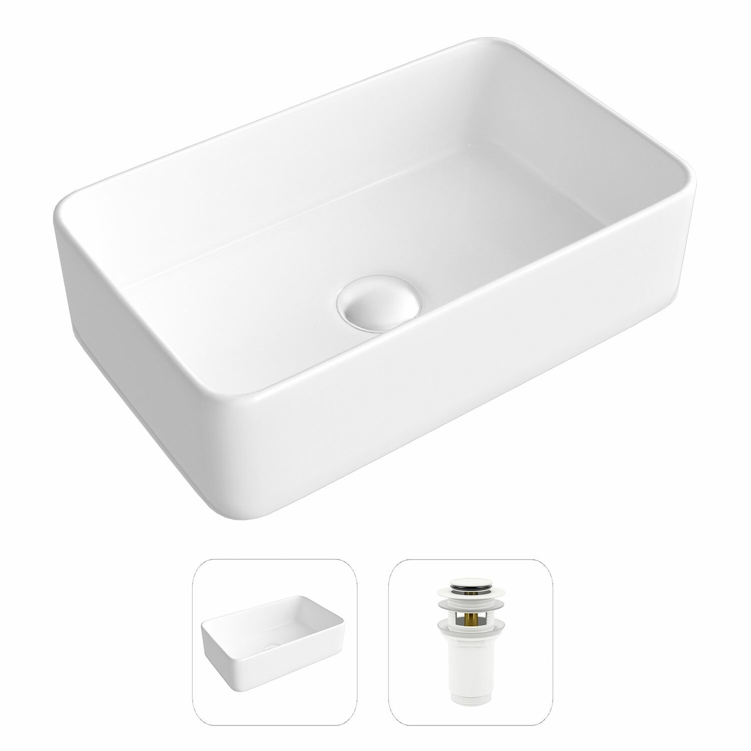 Накладная раковина в ванную Helmken 67448000 комплект 2 в 1: умывальник прямоугольный 48 см, донный клапан click-clack в цвете белый