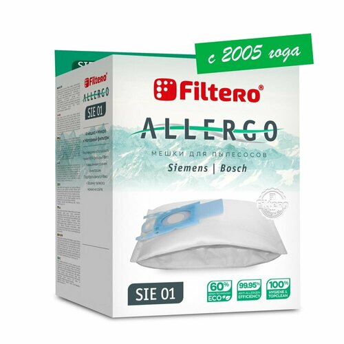 Мешки-пылесборники Filtero SIE 01 Allergo, для пылесосов Bosch, Siemens, 4 штуки, моторный и микрофильтр мешки пылесборники filtero sie 01 4 эконом для пылесосов bosch siemens бумажные 4 штуки