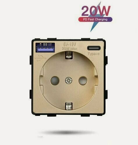 Изображение товара Механизм розетки (без рамки) с Usb/Type-C АC, быстрая зарядка 20Вт, цвет золотой