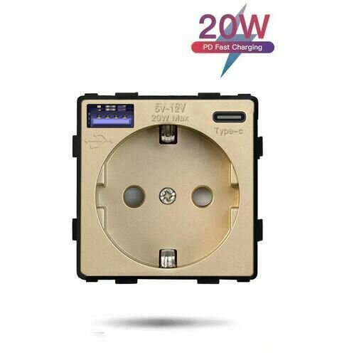 Механизм розетки (без рамки) с Usb/Type-C АC, быстрая зарядка 20Вт, цвет золотой