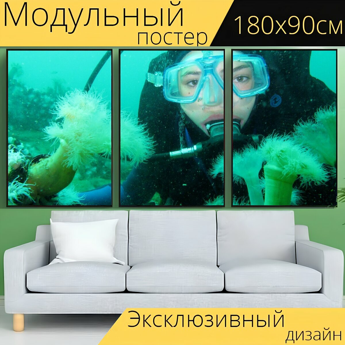 Модульный постер "Дайвинг, подводное плавание с аквалангом, дно моря" 180 x 90 см. для интерьера