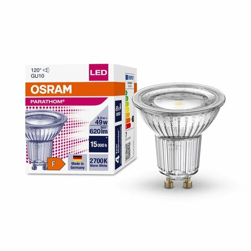Лампа светодиодная OSRAM 6.9Вт GU10 PAR16 Софит 2-PARATHOM угол 120° 220В 2700К 620Лм Теплый белый, уп. 1шт