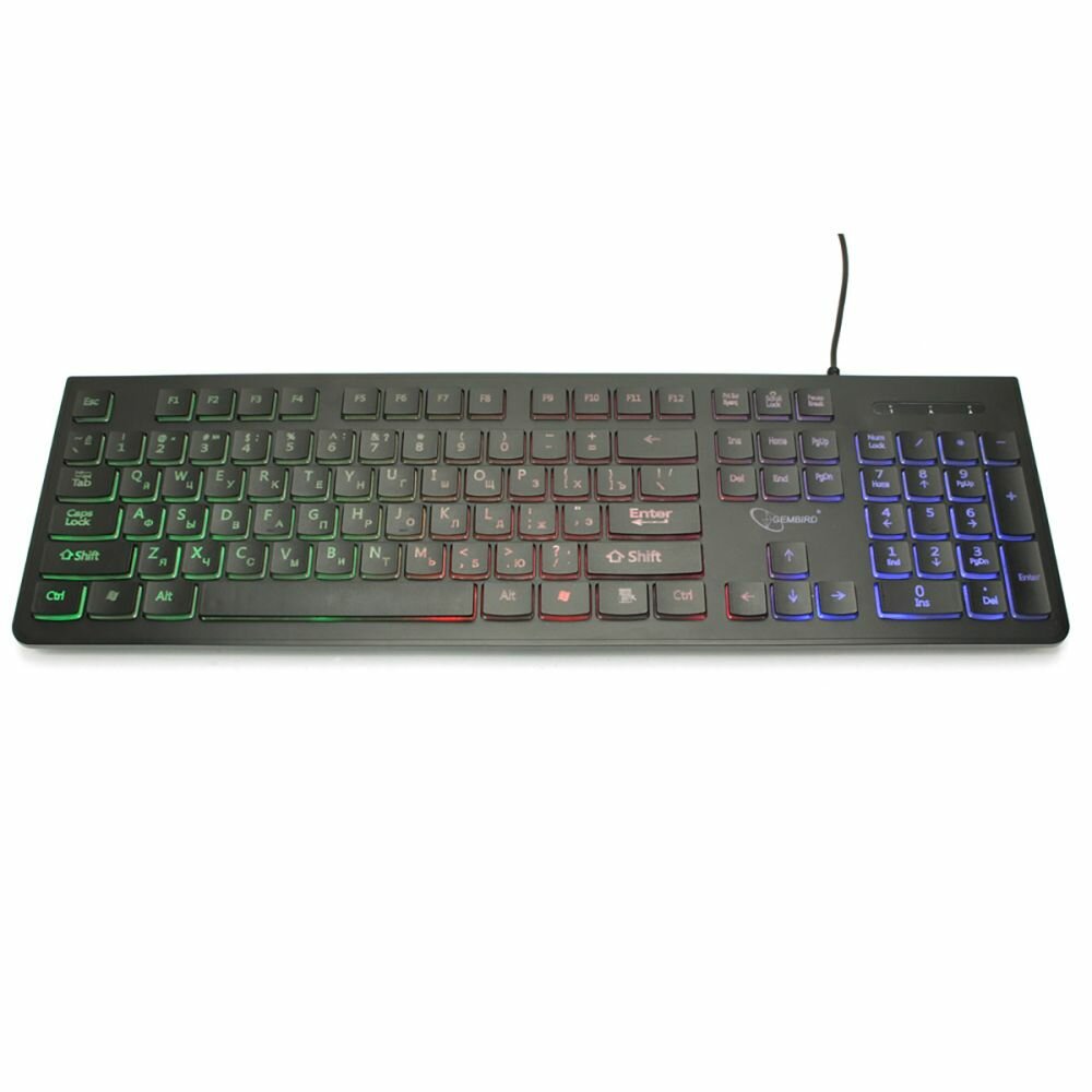 Клавиатура проводная игровая Gembird KB-250L, мембранная, 104 клавиш, подсветка Rainbow, мультимедиа, кабель 1.5м, черная
