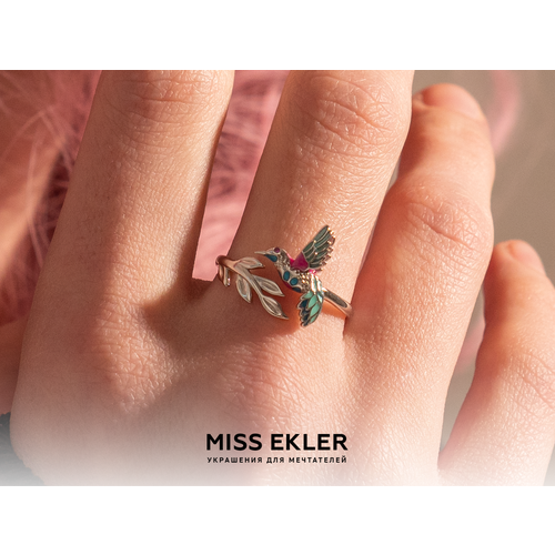 фото Кольцо птица счастья от miss ekler, серебро, 925 проба, родирование, фианит, безразмерное