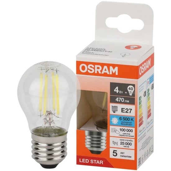 Светодиодная лампа Ledvance-osram Osram LED STAR CL P40 4W/865 220-240V FIL CL E27 470lm
