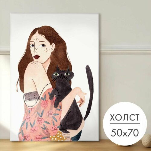 Картина на холсте "Шатенка с котом" 50x70 на стену для интерьера
