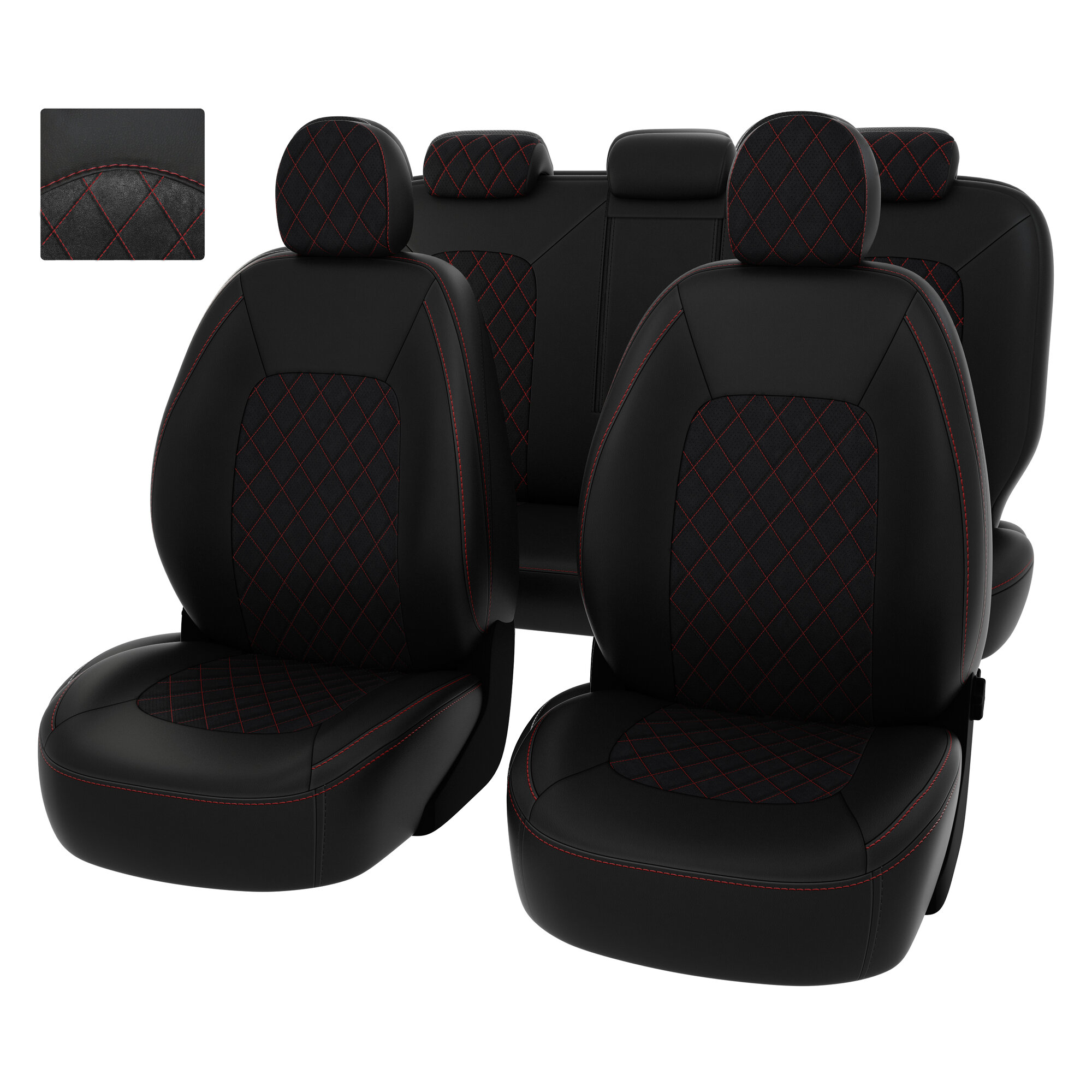 Чехлы в машину PSV для VW Tiguan II 2016-> Разные передние спинки, ромб /отстрочка красная, черная экокожа + черная алькантара "Оригинал"