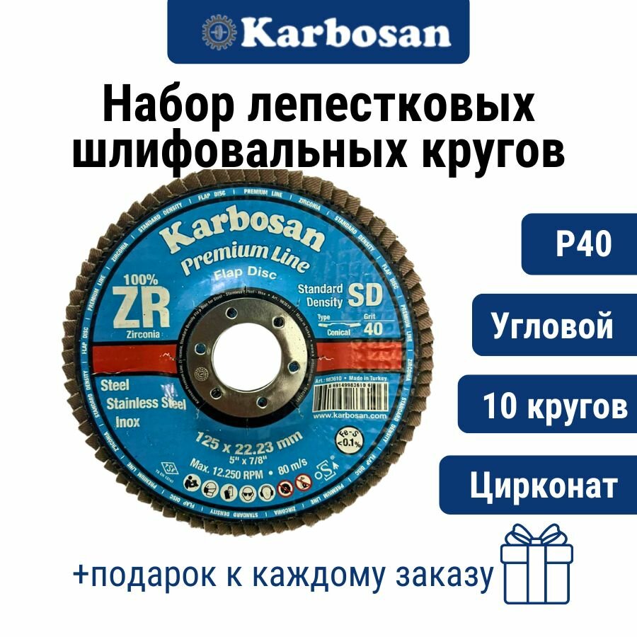 Круг лепестковый 10 шт. ZXPR22 (P40) D125/22 мм Karbosan / круг торцевой угловой цирконат
