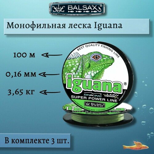 монофильная леска для рыбалки balsax iguana 100м 0 32мм 12 1кг светло зеленая 3 штуки по 100 метров Монофильная леска для рыбалки Balsax Iguana 100м 0,16мм 3,65кг светло-зеленая (3 штуки по 100 метров)