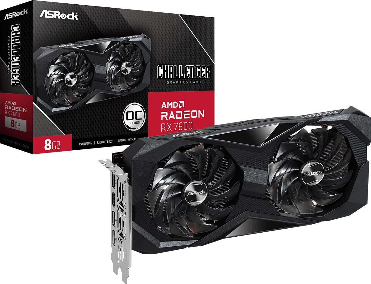 ASROCK Видеокарта Asrock PCI-E 4.0 RX7600 CL 8GO AMD Radeon RX 7600 8Gb 128bit GDDR6 1770/18000 HDMIx1 DPx3 HDCP Ret RX7600 CL 8GO