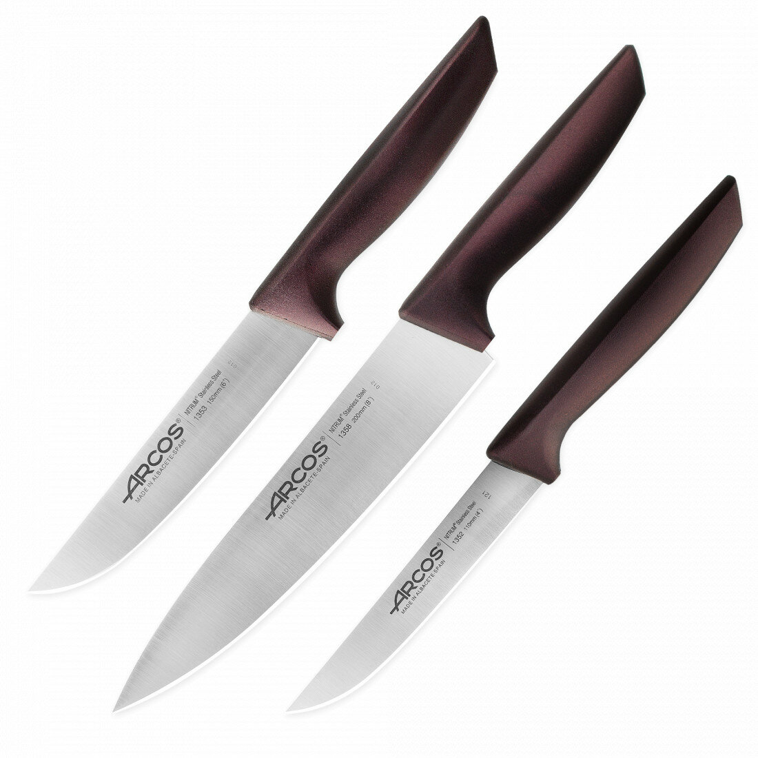 Набор кухонных ножей в коробке, 3 шт (110 мм, 150 мм, 200 мм,) бордовые ручки, серия Niza, 818045, ARCOS