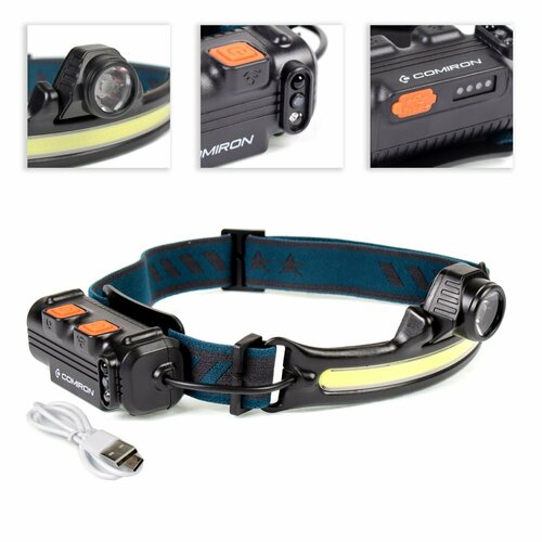 Фонарь налобный спортивный COMIRON OHEAD корпус жёсткий ABS IPX5 свет COB 400lm аккум 18650 37V 2000 mAh USB Type-C индикатор красный 1500₽