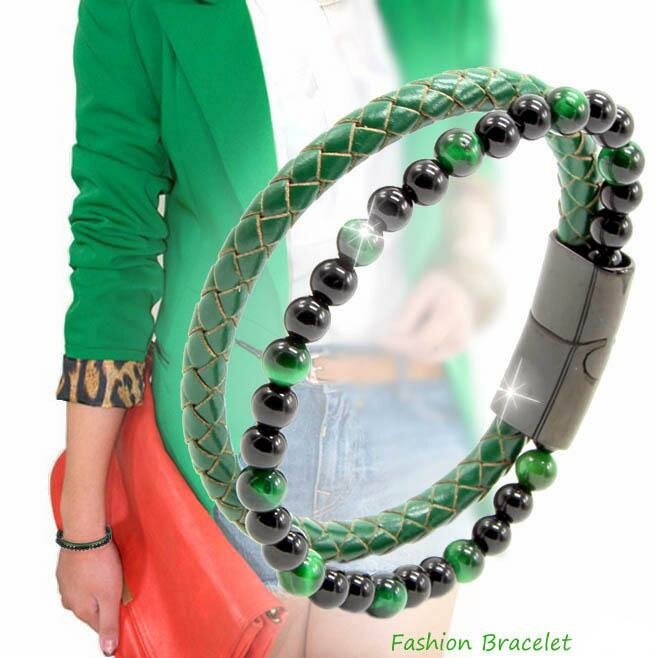 Плетеный браслет CosplaYcitY - женский из камней браслет кожаный зеленый на руку 15 - 16см - 