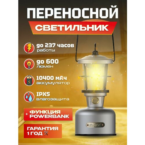 Ретро - светильник портативный многофункциональный Sunree Phantom Multifunctional Retro Lamp 600 лм, 1300.2700K, 10400мАч, , до 237(!) часов работы без подзарядки, функция Power Bank, плавная регулировка яркости, IPX5 (Phantom) серебристый