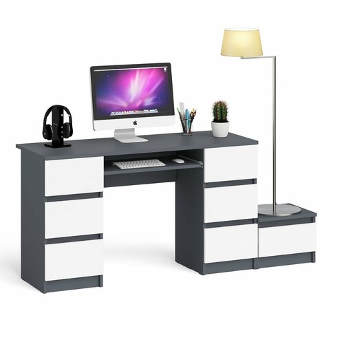 Компьютерный двухтумбовый стол СВК Мори с дополнительной тумбой графит/белый