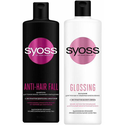 Набор SYOSS ANTI-HAIR FALL шампунь + GLOSSING бальзам, 450/450 мл шампунь для волос сьёсс шампунь мужской для волос склонных к выпадению anti hair fall