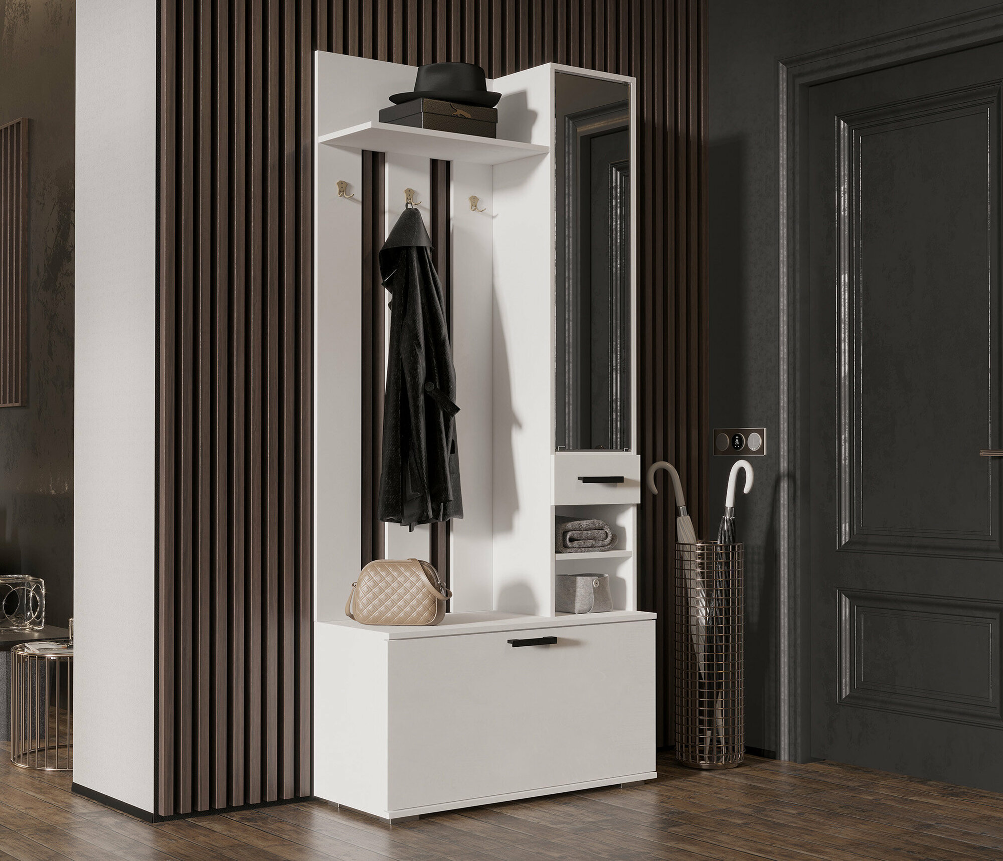 фото Вешалка в прихожую столплит НИКА В3910 с зеркалом, выдвижным ящиком и полками, ЛДСП, Белый гладкий, 91х206х35 см