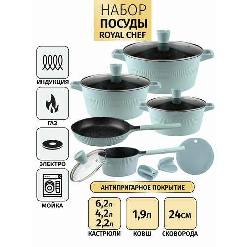 Набор посуды для приготовления кастрюли и сковорода Royal Chef 12 предметов. Цвет тифани.