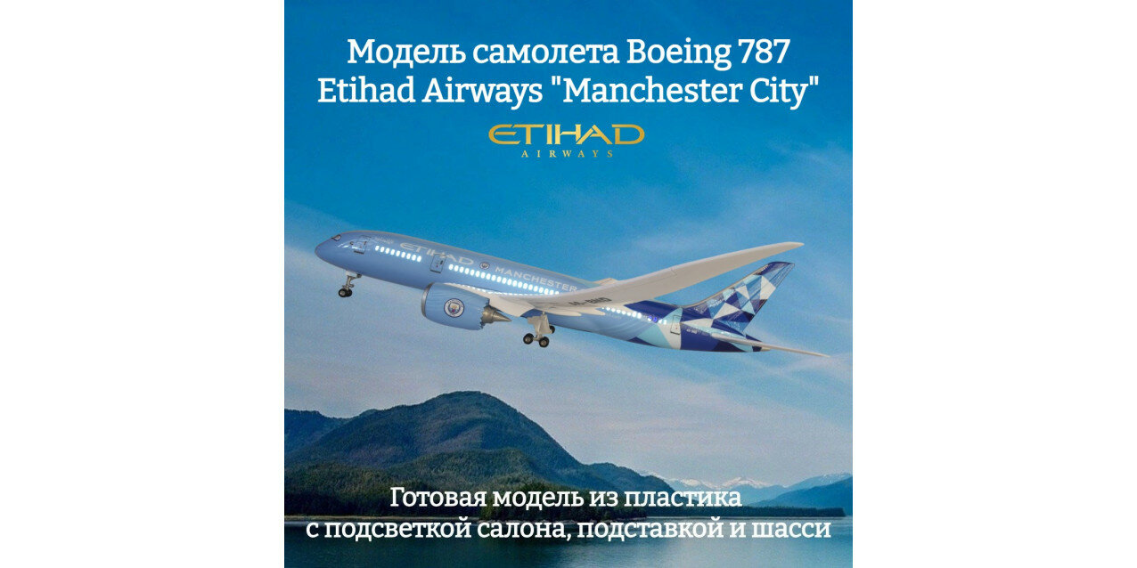 Модель самолета Boeing 787 Etihad Airways "Manchester City" 1:130 (с подсветкой салона)