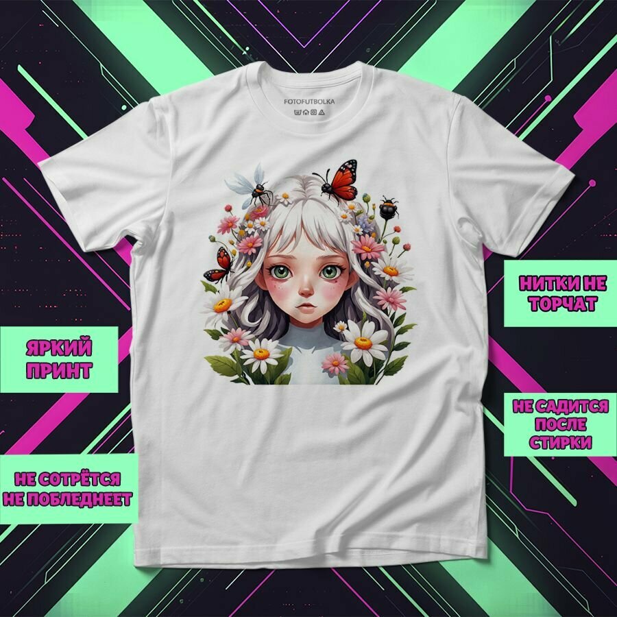 Футболка Девочка в цветах 4, размер XL-2XL, белый
