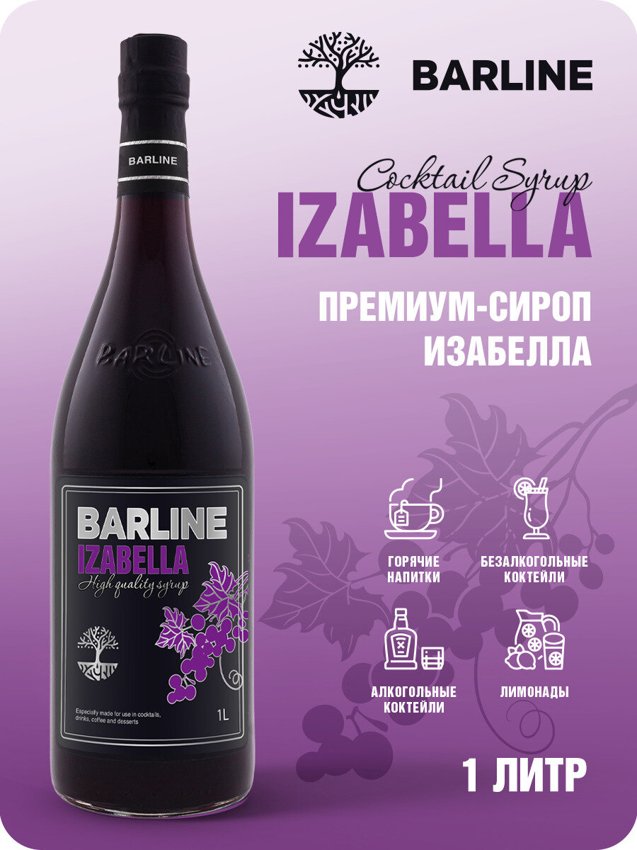 Сироп Barline Изабелла (Isabel), 1 л, для кофе, чая, коктейлей и десертов, стеклянная бутылка c рассекателем, Барлайн