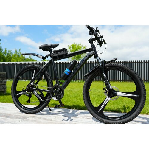 Велосипед RICHIESTO 26 на литых дисках ТРИ луча Горный Спортивный Унисекс черный матовый 26900₽