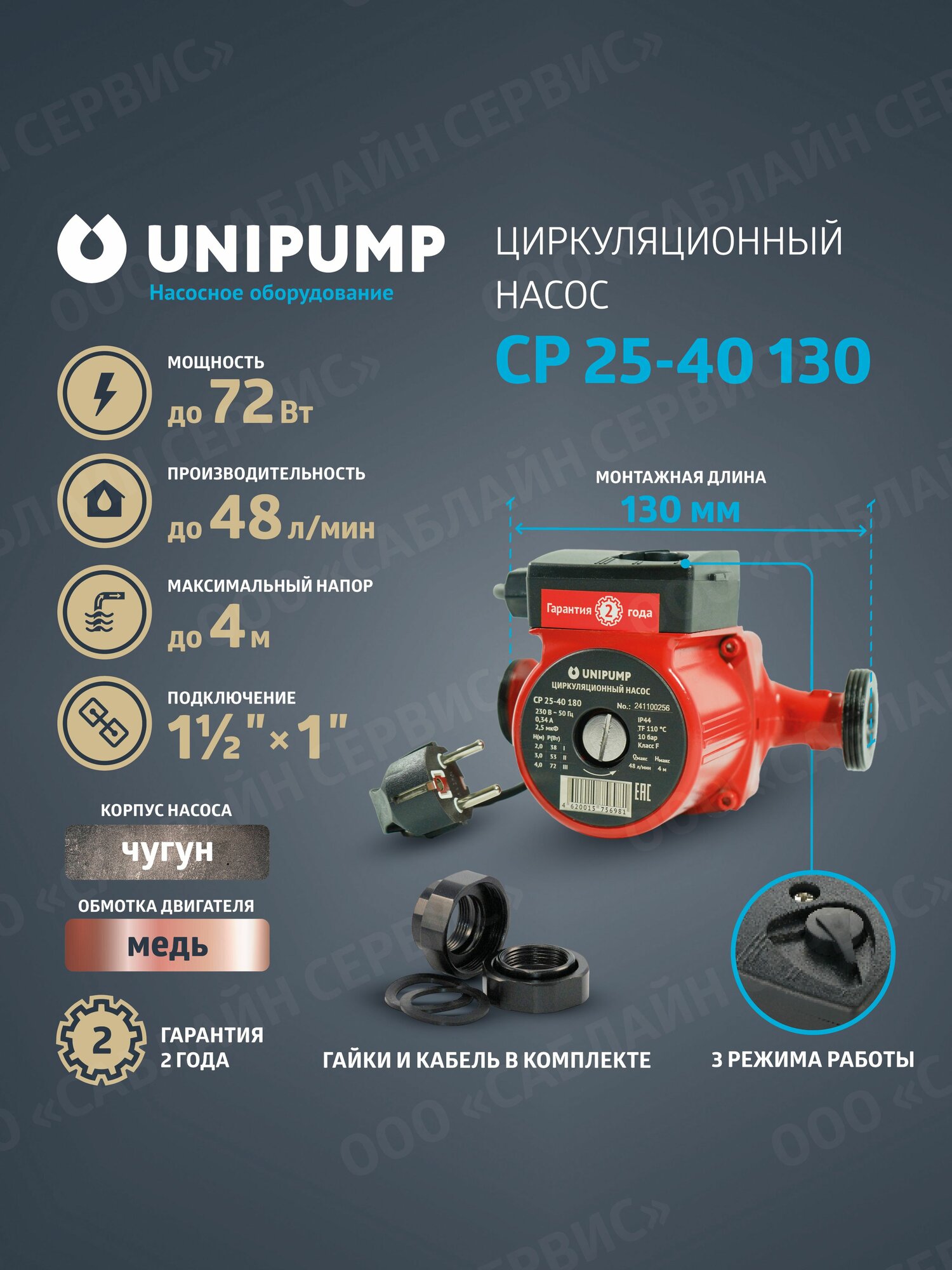 Циркуляционный насос UNIPUMP CP 25-40 130 48 л/мин (для отопления для водоснабжения)