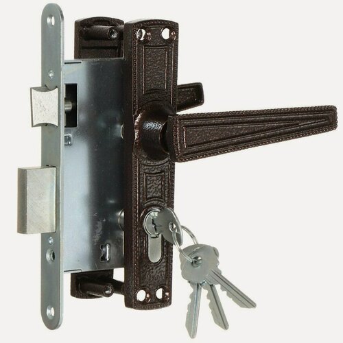 Изображение товара Замок врезной Омега ЗВ7.01 с ручкой, цилиндровый, цвет медь, межосевое расстояние 55 мм, 4 ключа, стальной корпус, Россия.