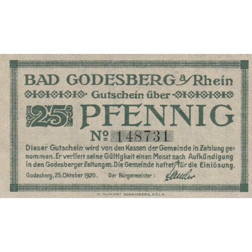 Германия (Веймарская Республика) Бад-Годесберг 25 пфеннигов 1920 г. (5) германия веймарская республика бад мергентхайм 5 пфеннигов 1920 г