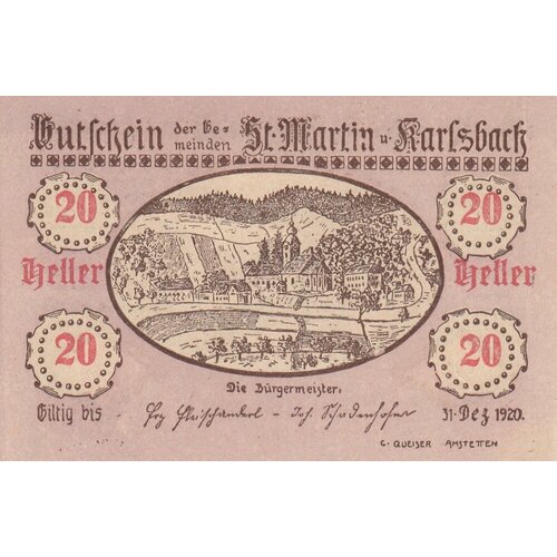 Австрия, Санкт-Мартин-Карлсбах 20 геллеров 1920 г. австрия санкт виллибальд 20 геллеров 1920 г