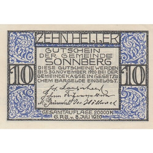 Австрия, Зоннберг 10 геллеров 1920 г.