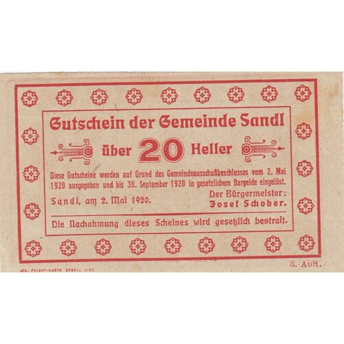 Австрия, Зандль 20 геллеров 1920 г. (№1) австрия шёнау 20 геллеров 1920 г 2