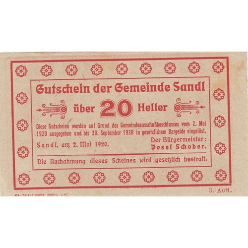 Австрия, Зандль 20 геллеров 1920 г. (№1) австрия верхняя австрия 20 геллеров 1920 г вид 2 2 2